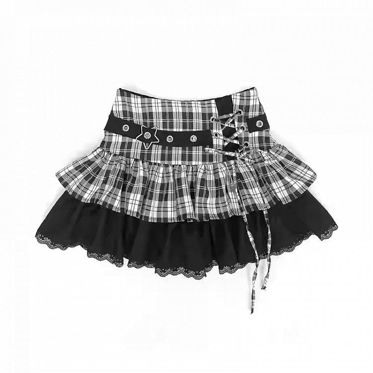 Y2K Black Pink/Black  White Plaid Star with Detail Tiered Skirt Lace-up Buckle