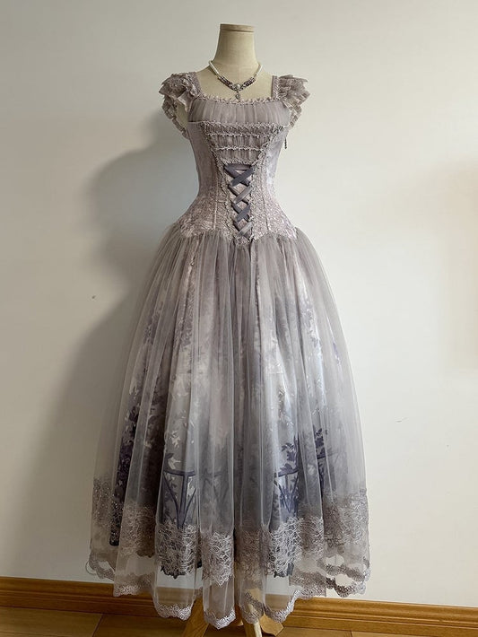 Wisteria 135cm) Tulle Lace-up Top Corset Purple Floral + Lolita with Long Length Print Hem Skirt (Full