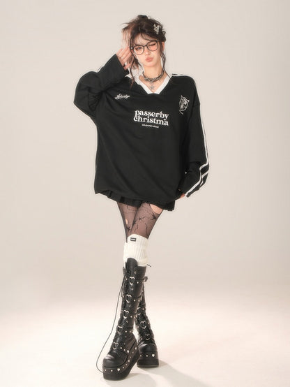 Lettering Top Long Sleeve Black V-Neck - Accents Striped Preppy