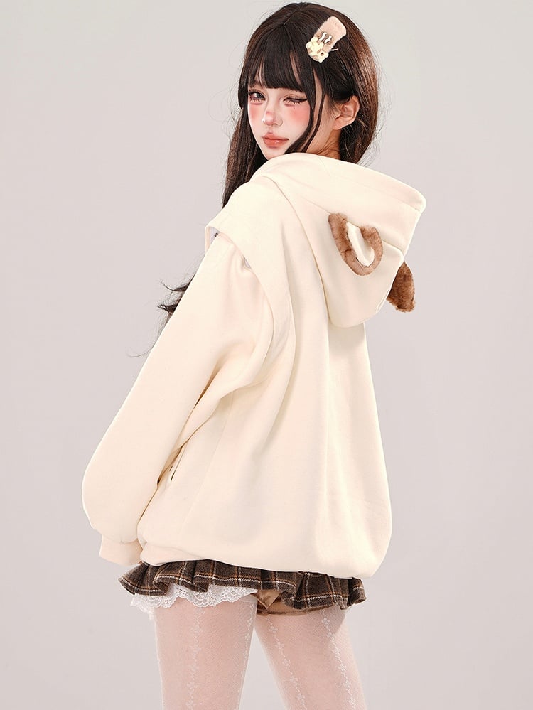 Apricot Rabbit Bear Ears Loose Zip Hoodie