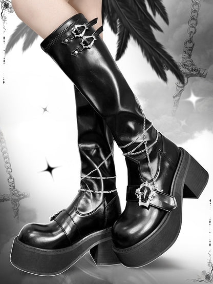 Knee-high Gothic Y2K Detachable Polished with Cross Chains in Black Boots Platform Buckles Coffin