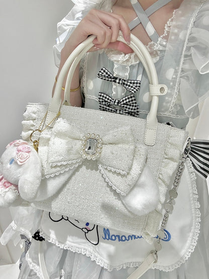 Lolita with And Bunny Charm Bow in Rhinestone Beaded - White Trim Ear Elegant Heart Triple-Carry Handbag Plush Ruffles