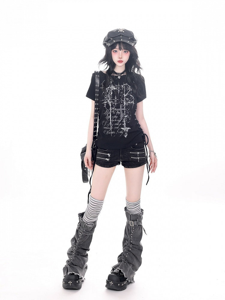 Black Tee with Side Drawstring and Dark Print - KNOW8 Online Shop