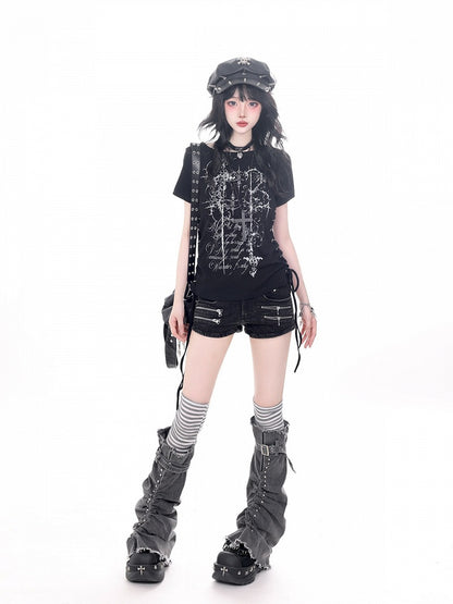 Black Tee with Side Drawstring and Dark Print - KNOW8 Online Shop