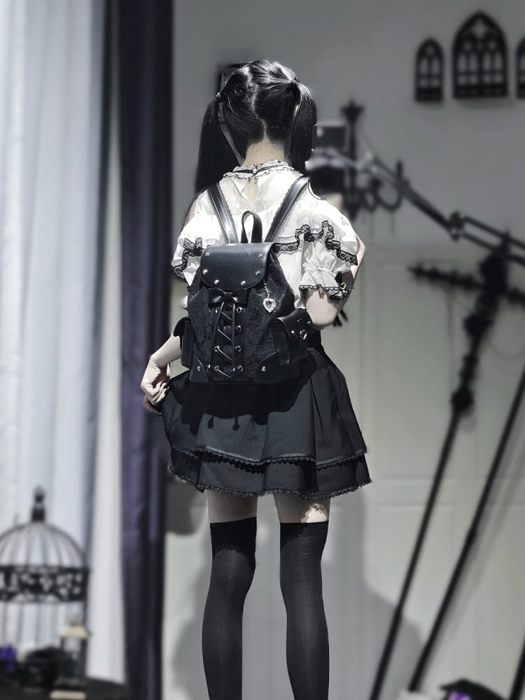 Jirai Kei Backpack with Heart Pendant, Lace Flap, Studs & Bowknot - Miao Lei Dian Bo