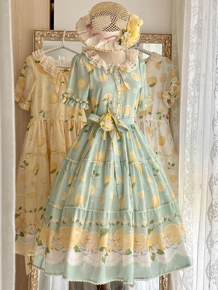 Summer and Print Spring for Chick Dress Green Lolita Short Sleeves Lemon