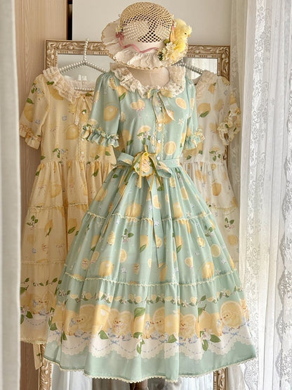 Summer and Print Spring for Chick Dress Green Lolita Short Sleeves Lemon