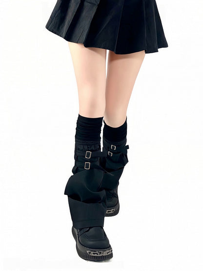 Fake Two-Piece Black/White Vertical Straps with Metal Punk Design Buckle Striped Warmers Leg Pattern