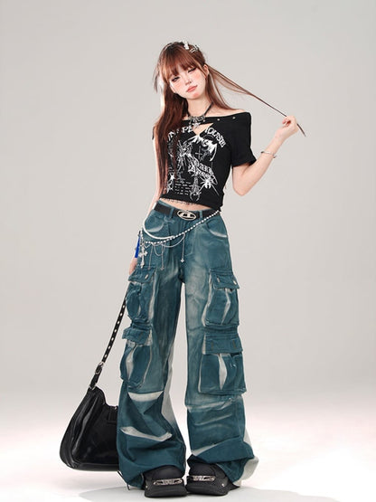 Dunkelblaue High Street Jeans mit weitem Bein und Cargotaschen