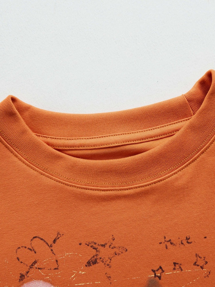 Orange Vintage Crew Neck Tee with Star Print - Languid Park