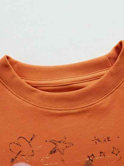 Orange Vintage Crew Neck Tee with Star Print - Languid Park