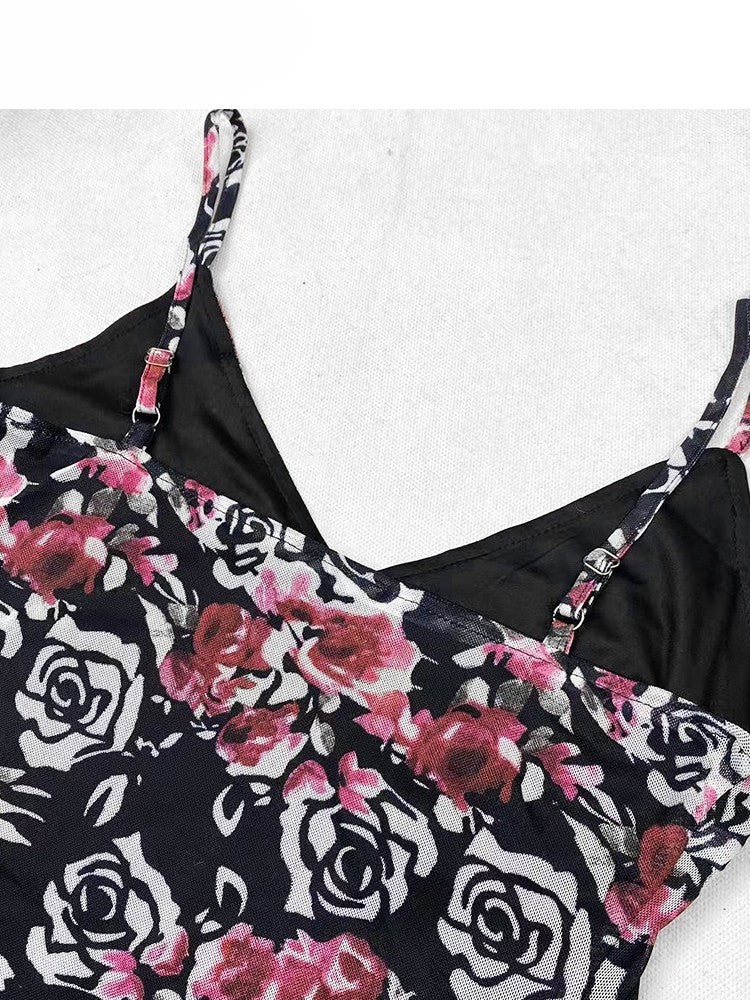 + 花柄トップ、ホルターネック、アンダースカート、キャミスカート、レースセット、ドレス、ホリデーネック、ブラック、パープル、ビタースイート