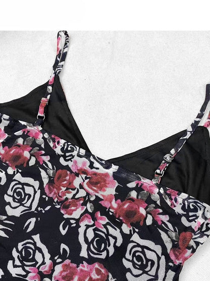 + 花柄トップ、ホルターネック、アンダースカート、キャミスカート、レースセット、ドレス、ホリデーネック、ブラック、パープル、ビタースイート