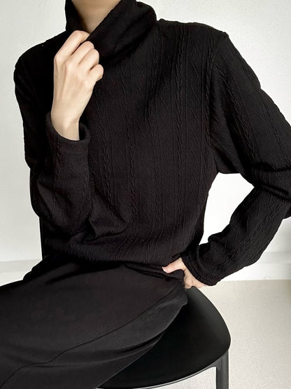 Sweater Black Turtleneck Texture Ouji Cable-Knit Ribbed Lolita with