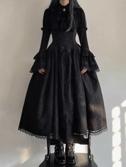 Gothic Neckline Ruffle Shirt Lolita Sleeves Kuro Black Long
