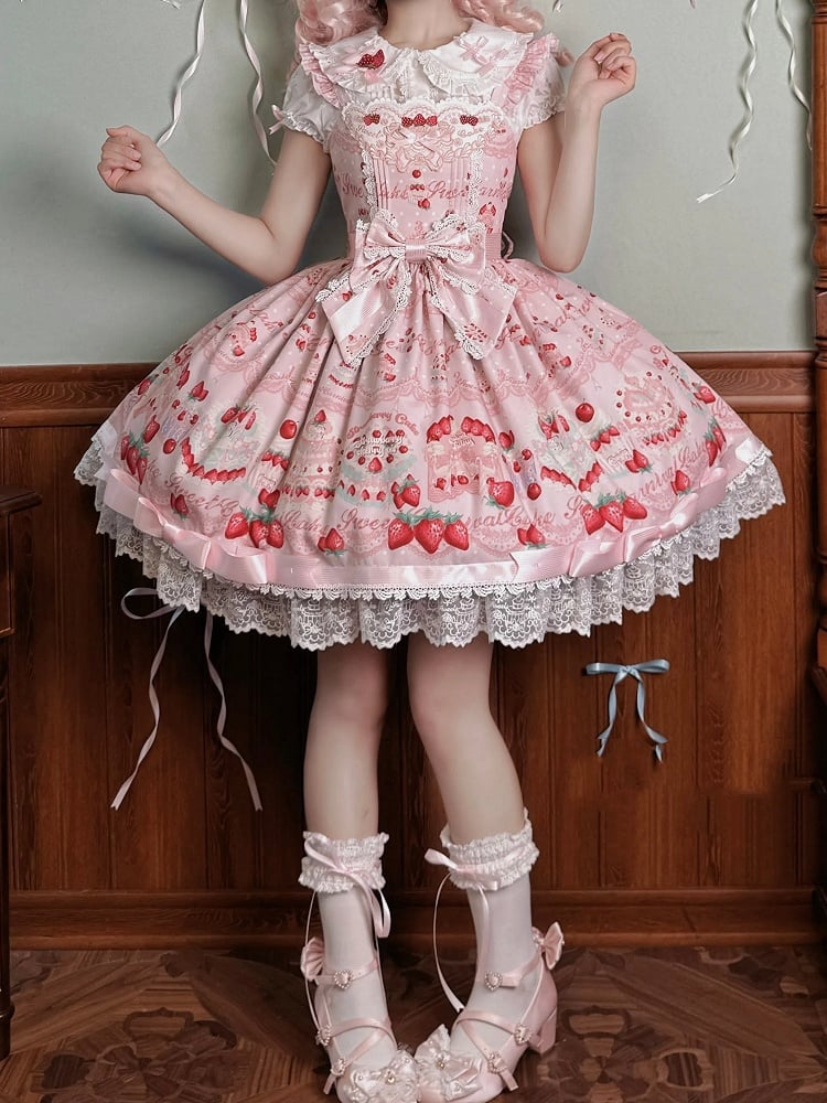 Süßer Kuchenpullover mit Erdbeerdruck und Kleidrock, Lolita, Pink, süß
