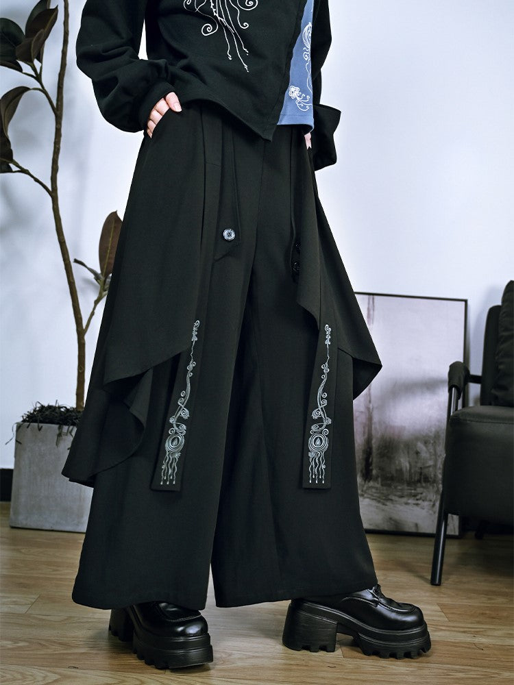 Gothic Black Wide-Leg Trousers with Asymmetrical Layers & Detachable Jellyfish Embroidered Ribbon - Quirky Hut