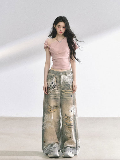 Blue/Pink Asymmetrical Neckline Slim-fitting T-shirt Navy