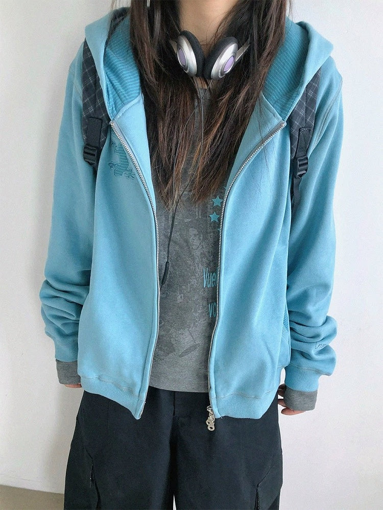 Retro Fall Blue Hooded Zip Jacket with Gecko Motif and Striped Accents - innomoood