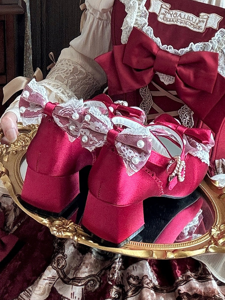 Bow Wine in Sweet Satin Heels Heart with Lolita Low Bead-Embellished Accents Closure Red