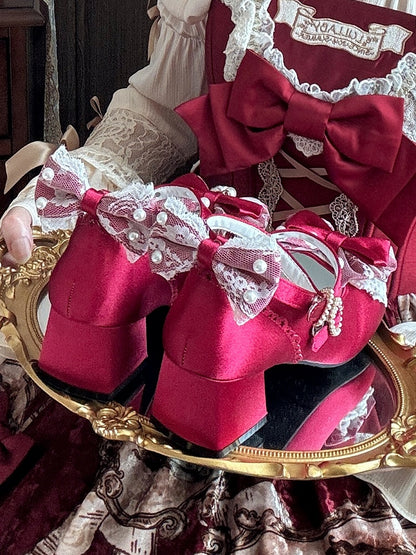 Bow Wine in Sweet Satin Heels Heart with Lolita Low Bead-Embellished Accents Closure Red