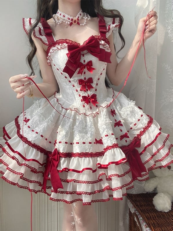 Rüschen Akzente Rock Weiß Schleife Pullover Tiered Prinzessin Rot Lolita