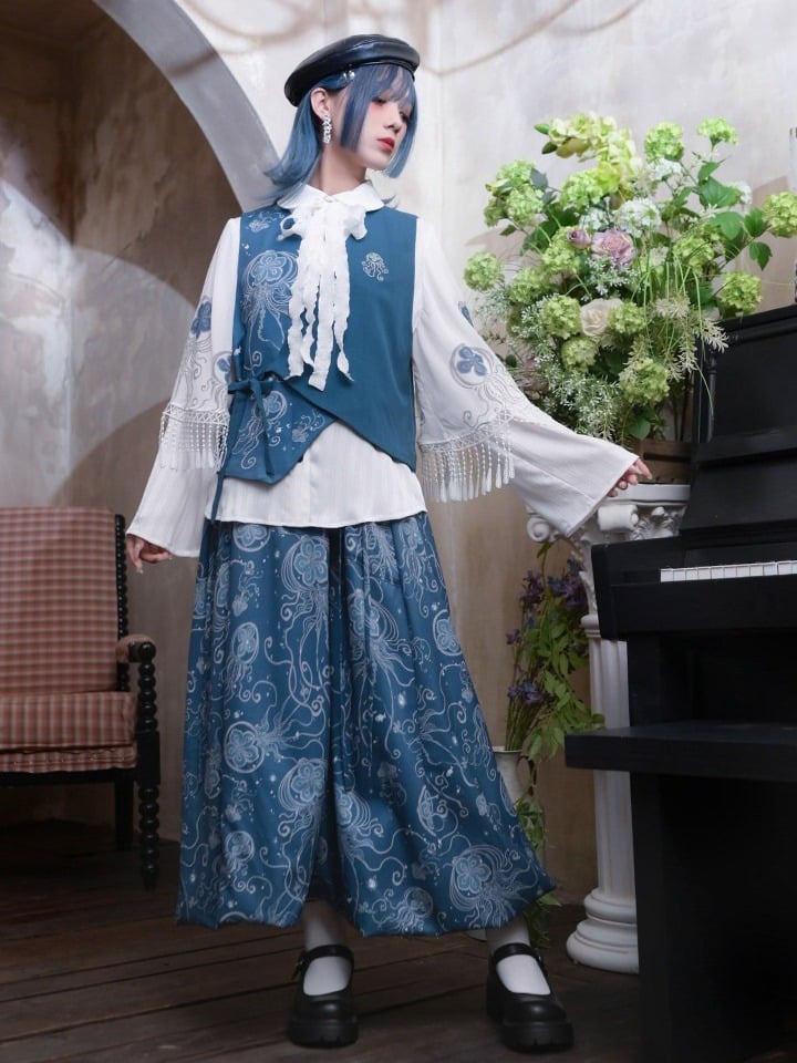 Blue Asymmetric Vest with Jellyfish Print & Embroidered Details - Quirky Hut