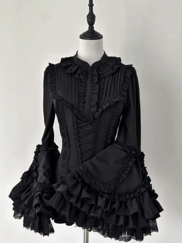 Black Lolita Shirt Sleeves Layered Gorgeous Bell All Long Gothic Kuro