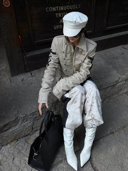 Genderless Punk Milk White Double-Breasted Decorative Faux Leather Jacket with Cross Pattern - DETW OnLine