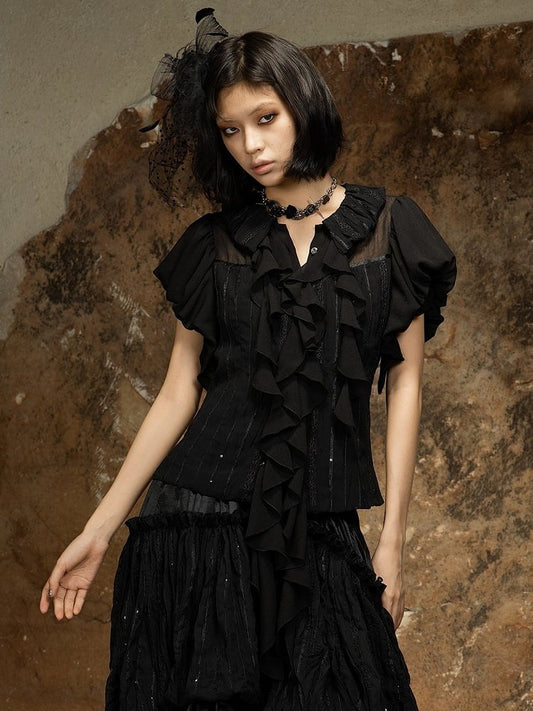 Punk Black Short Sleeve Blouse with Ruffled Trim and Back Lace-Up - ARIADNAw