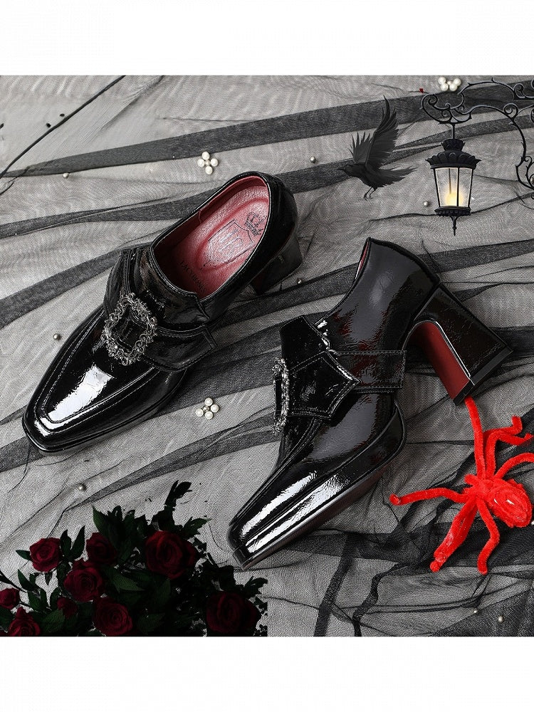 Dark Prince Style Gothic Lolita Square Toe Shoes with 7CM Heel in Black - Lacy Bones