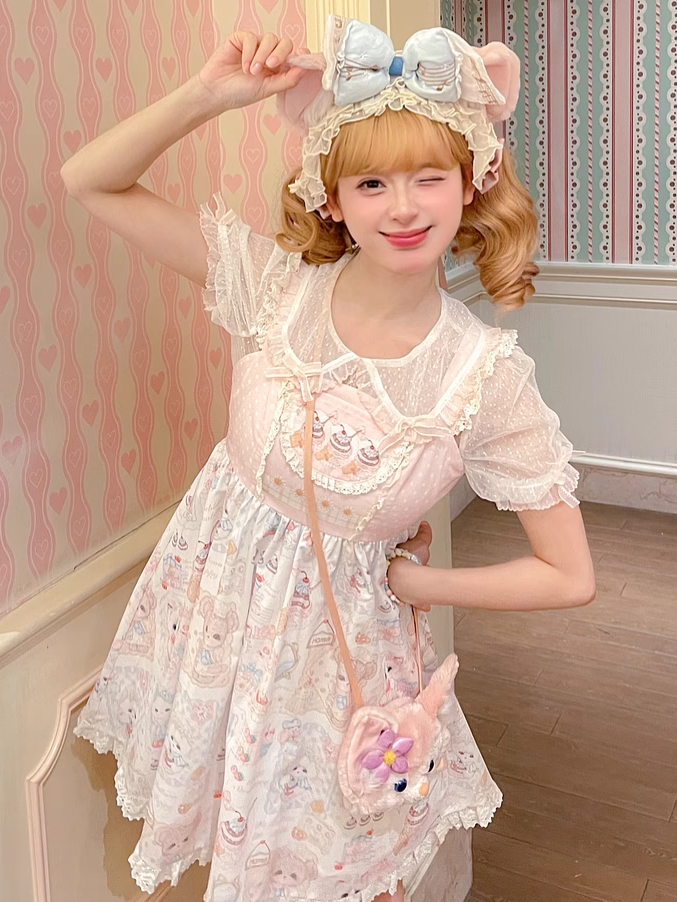 Süßes Lolita-Kleid, Pullover, rosa Flatterärmel, Rock mit Kätzchen- und Kuchen-Print