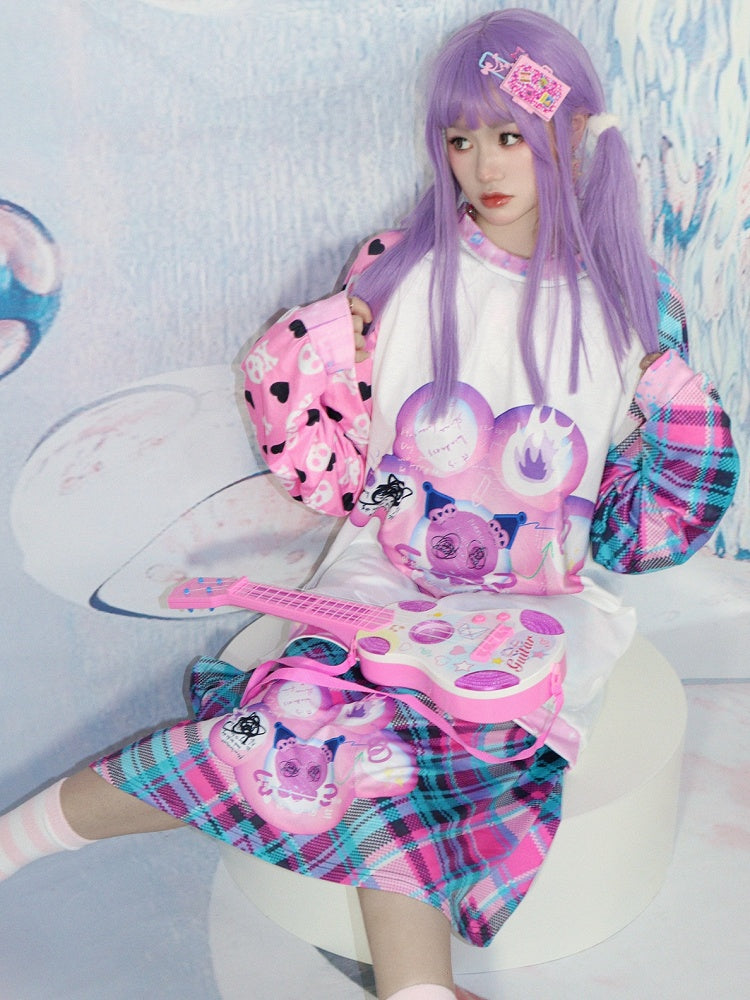 Claw Cat Heart Long And Print Sleeves Plaid Pattern Skeleton Top Y2K White