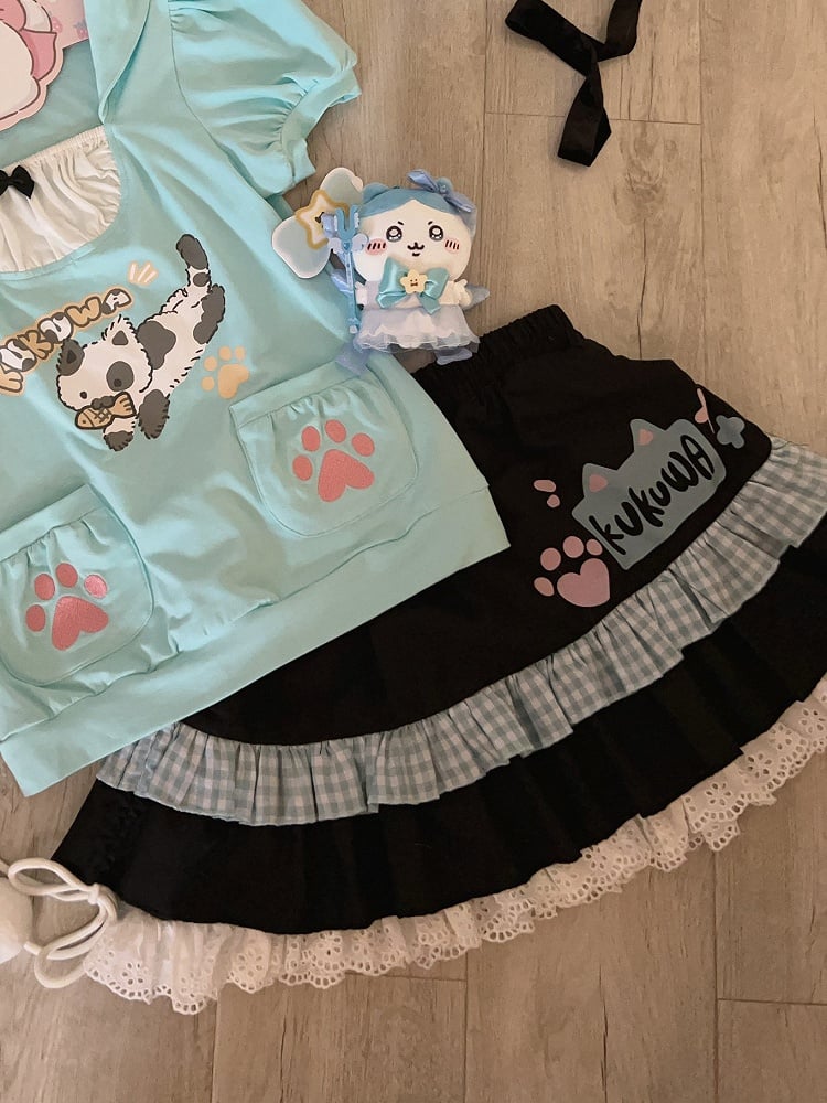 Pattern with Ruffle Kawaii Tiered Trim Skirt Black Cat Daily Plaid Paw