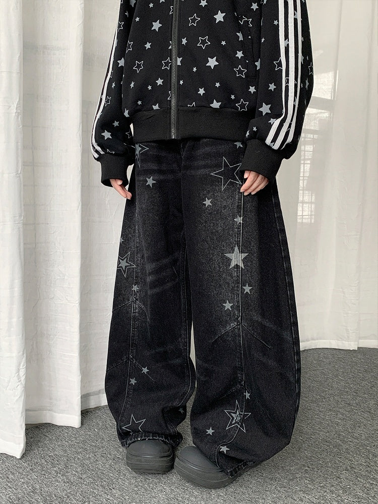 Pattern Jeans Star Wide-leg Distressed with Y2K Design Black