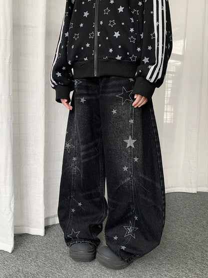 Pattern Jeans Star Wide-leg Distressed with Y2K Design Black
