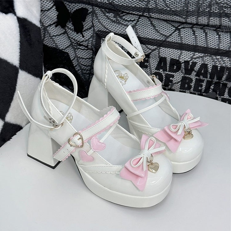 High-heel Heart Round-Toe Elegant Bow with White Charm Janes Decor and Top at Lolita Mary Pink
