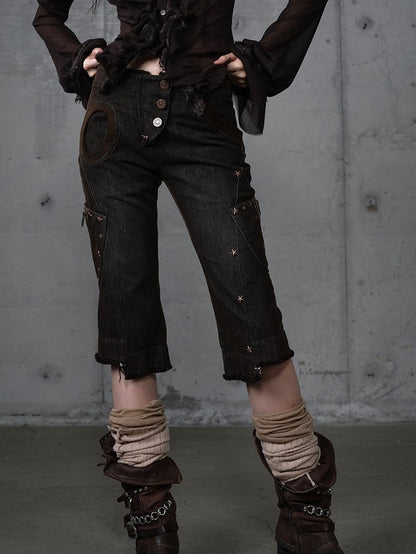 Capris Asymmetrical Denim with Punk Star Distressed Black Vintage Wasteland Pockets Studs