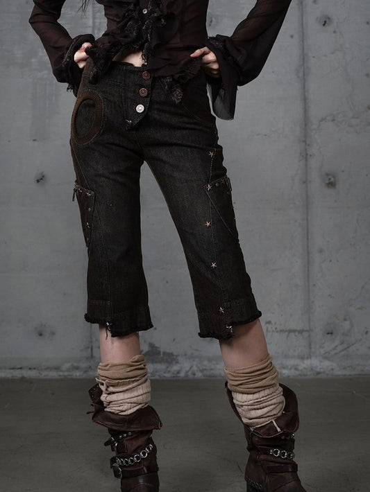 Capris Asymmetrical Denim with Punk Star Distressed Black Vintage Wasteland Pockets Studs