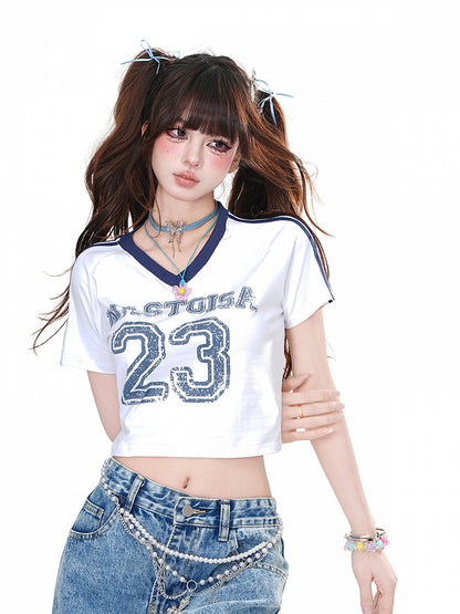White/Black V-Neck Number Print Glamorous Cropped T-Shirt