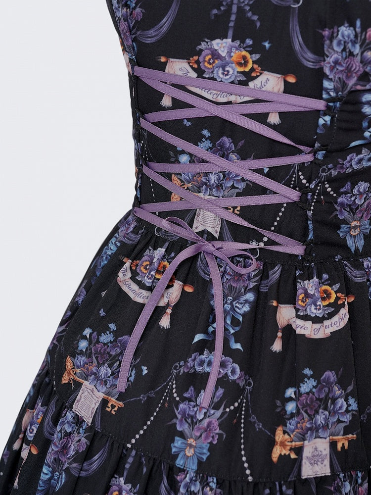 Black-Purple Pansy Print Classic Lolita JSK with Lace Trim
