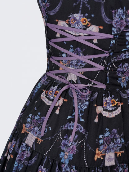 Black-Purple Pansy Print Classic Lolita JSK with Lace Trim