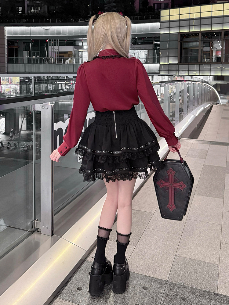 High-Waisted Skirt with Tiered Cross-Stitch Lace  Leather Strap Jirai Kei Black