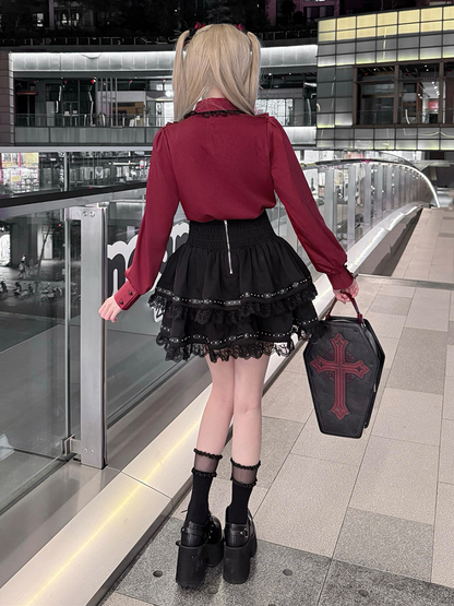 High-Waisted Skirt with Tiered Cross-Stitch Lace  Leather Strap Jirai Kei Black