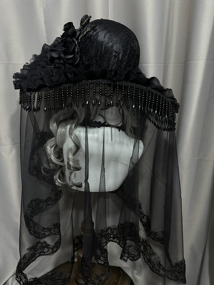 Black Gothic Lace Hat with Floral Tassel - Custom Made Earrings