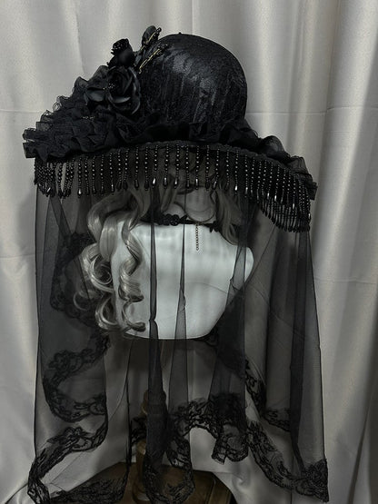 Black Gothic Lace Hat with Floral Tassel - Custom Made Earrings