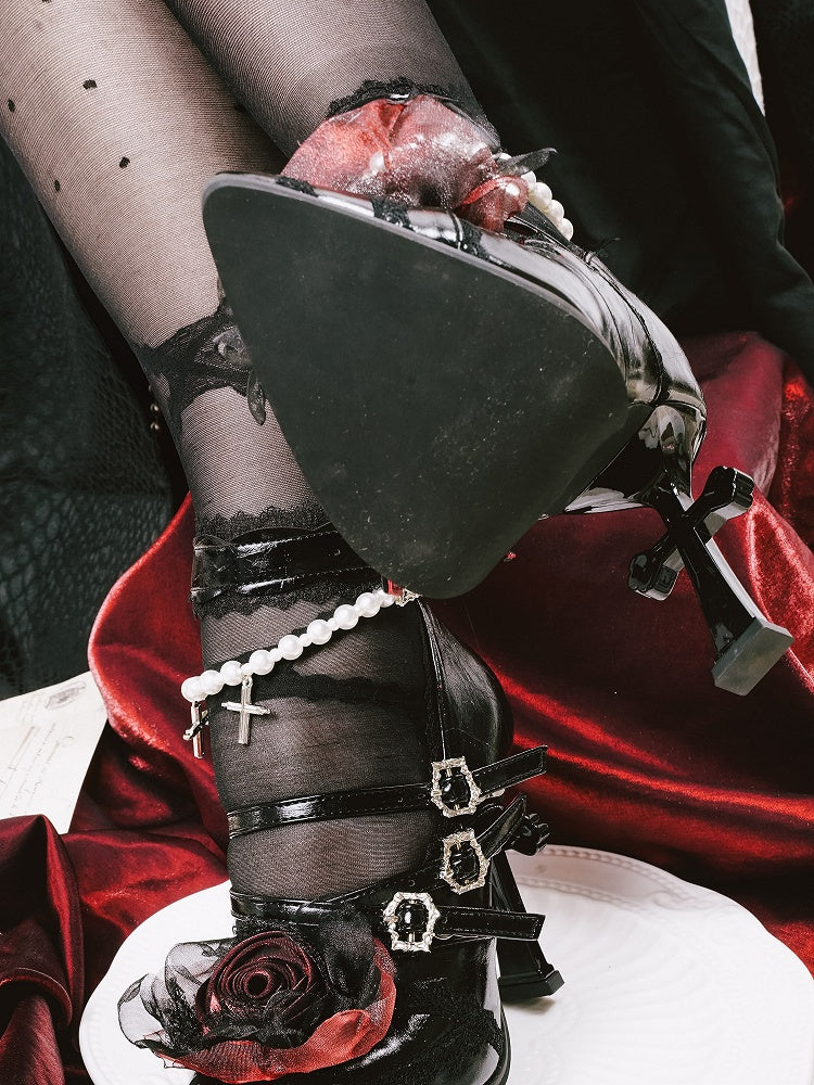 Gothic Black Pointed Toe Heels with Cross Heels, Beaded Strap & Rose Shoe Clips