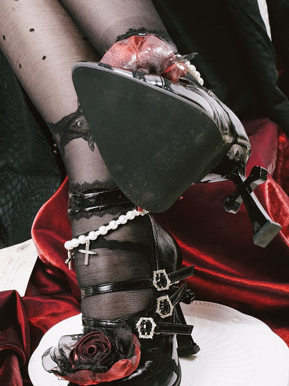 Gothic Black Pointed Toe Heels with Cross Heels, Beaded Strap & Rose Shoe Clips