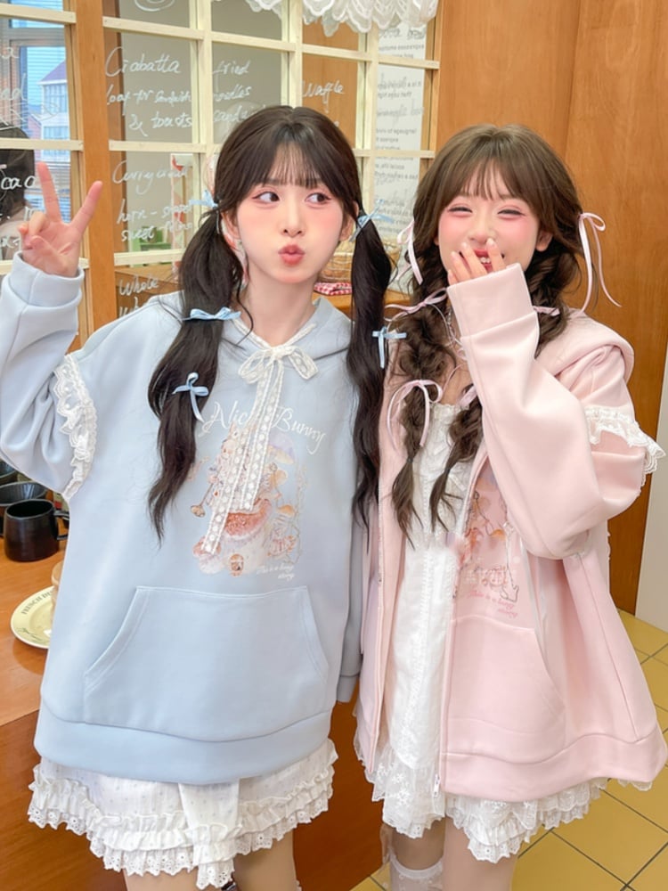 Yume Kawaii Pink Bunny Ear Hood and Bunny Print Zip Closure Hoodie