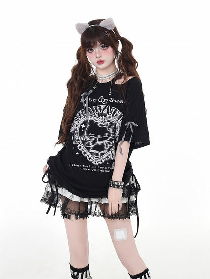 カットアウト Y2K ブラック/ホワイト ラウンドウエスト ネックディテール Tシャツ キティプリント ドローストリング